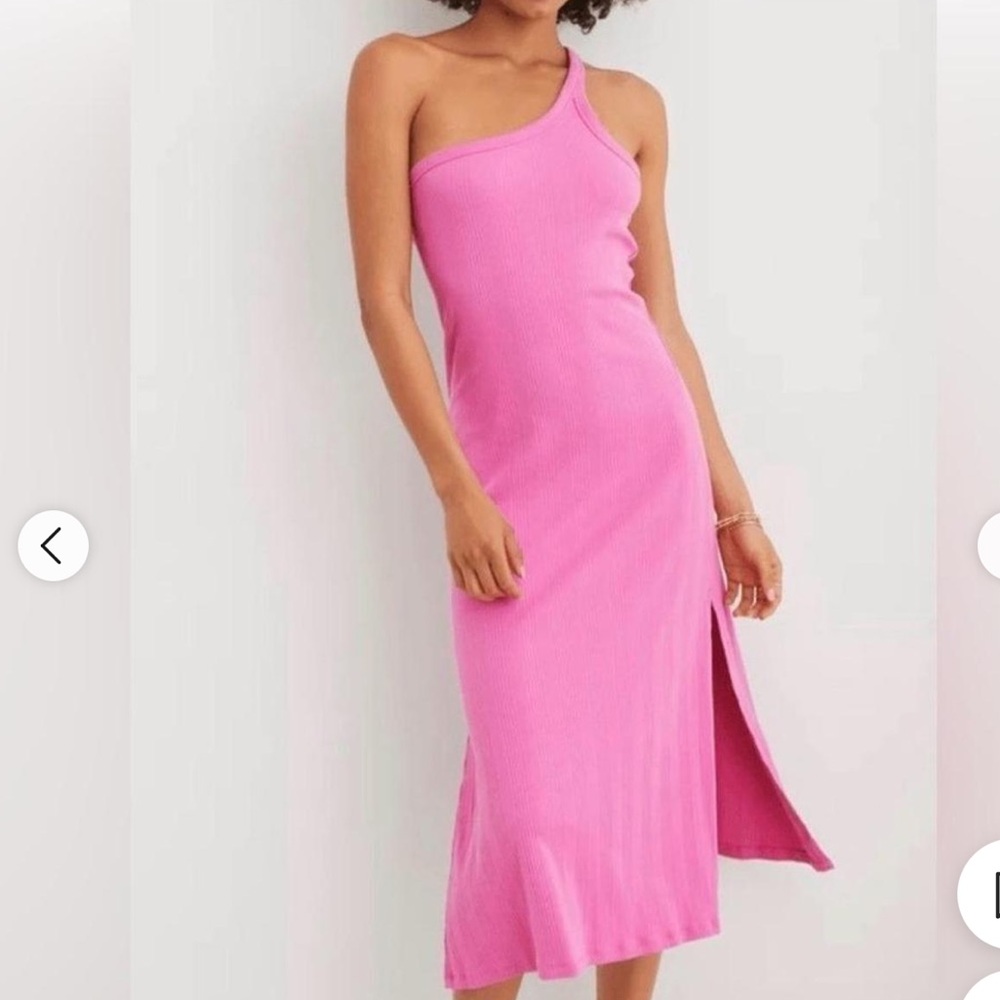 Aerie One-Shoulder Ribbed Midi Dress in Bright Pink